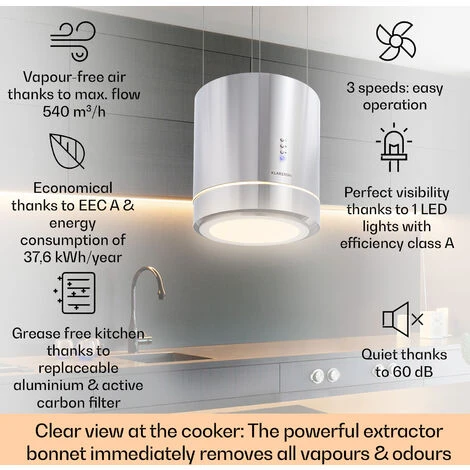 Klarstein Tron Ambience Island Extractor Hood Ø38cm Convection 540m³ / H LED Stainless Steel 4 Klarstein Tron Ambience Island Extractor Hood Ø38cm Convection 540m³ / H LED Stainless Steel - Image 2