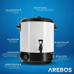 AREBOS Automatic Canning Machine 1800 W Canning Pot 28 L With Timer, Thermostat & Overheating Protection Stepless Temperature Adjustment 30-110 °C Timer 20-120 Min. -Smart Home Appliance Store 28598120 3