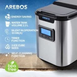 AREBOS Ice Cube Maker 12 Kg / 24 H 10-15 Minutes Production Time 3 Ice Cube Sizes -Smart Home Appliance Store 28598421 3