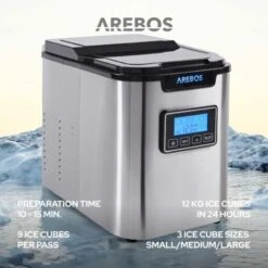 AREBOS Ice Cube Maker 12 Kg / 24 H 10-15 Minutes Production Time 3 Ice Cube Sizes -Smart Home Appliance Store 28598421 5