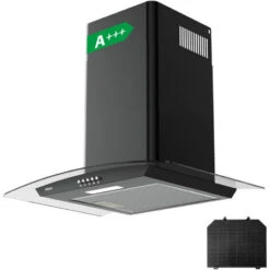 CIARRA 60cm Glass Cooker Hood With Carbon Filter 650m3/h Class A Curved Cooker Hood Black -506BK60