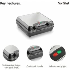 VonShef Waffle Maker, Large Quad Belgian Sweet & Savoury Cooker Easy Clean Non-Stick Coated Plates, Cool Touch Handles & Automatic Temperature Control, Compact, Portable Stainless Steel Design – 1100W -Smart Home Appliance Store 54925317 4