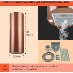 Klarstein Beretta, Island Extractor Hood, Ø 35 Cm, Exhaust / Circulating Air, 650m³ / H, LED, Copper -Smart Home Appliance Store 56581942 5