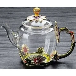 Glass Teapot - 280 Ml (9.47 Oz) - Glass Teapot With France Enamel Chrysanthemum Flower/Heat Resistant Glass Teapot Kettle With Strainer For Blooming Tea, Loose Leaf Tea -Smart Home Appliance Store 60699922 3