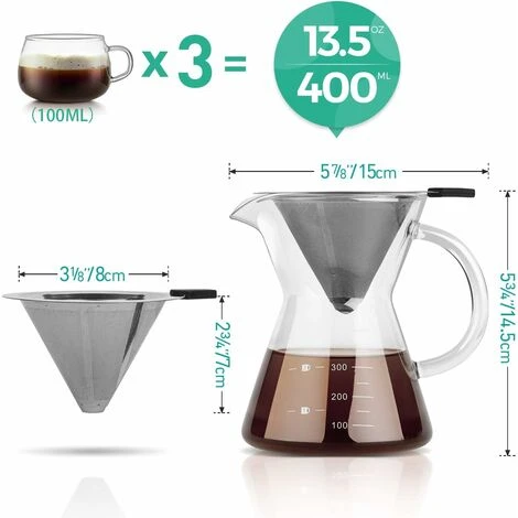 Pour Over Coffee Maker With Stainless Steel Filter, Borosilicate Glass Carafe Manual Coffee Dripper Brewer With Handle, No Paper Filters Needed Hand Drip Coffee Maker (400ml) 6 Pour Over Coffee Maker With Stainless Steel Filter, Borosilicate Glass Carafe Manual Coffee Dripper Brewer With Handle, No Paper Filters Needed Hand Drip Coffee Maker (400ml) - Image 4