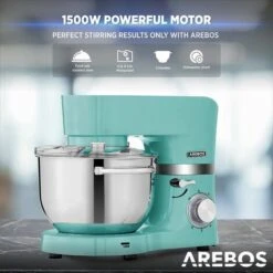 AREBOS Food Processor 1500 W Turquoise Kneading Machine With 2 X Stainless Steel Mixing Bowls Low Noise Kitchen Mixer With Mixing Hook, Dough Hook, Whisk And Splash Guard 6 Speeds -Smart Home Appliance Store 61306736 4
