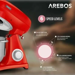AREBOS Retro Food Processor 1800 W Red Kneading Machine With 6L Stainless Steel Mixing Bowl Low Noise Kitchen Mixer With Mixing Hook, Dough Hook, Whisk And Splash Guard 6 Speeds -Smart Home Appliance Store 61306737 3