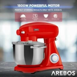 AREBOS Retro Food Processor 1800 W Red Kneading Machine With 6L Stainless Steel Mixing Bowl Low Noise Kitchen Mixer With Mixing Hook, Dough Hook, Whisk And Splash Guard 6 Speeds -Smart Home Appliance Store 61306737 4
