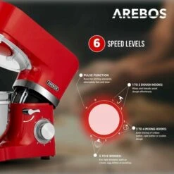 AREBOS Food Processor 1500 W Red Kneading Machine With 2 X Stainless Steel Mixing Bowls Low Noise Kitchen Mixer With Mixing Hook, Dough Hook, Whisk And Splash Guard 6 Speeds -Smart Home Appliance Store 61306740 3