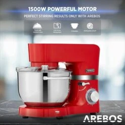 AREBOS Food Processor 1500 W Red Kneading Machine With 2 X Stainless Steel Mixing Bowls Low Noise Kitchen Mixer With Mixing Hook, Dough Hook, Whisk And Splash Guard 6 Speeds -Smart Home Appliance Store 61306740 4