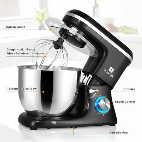 7L Stand Mixer Stainless Bowl Cake Mixer Electric 6 Speed Settings Food Mixer Machine Kitchen Mixer For Baking With Dough Hook, Whisk,Beater, Splash Guard Black 7 7L Stand Mixer Stainless Bowl Cake Mixer Electric 6 Speed Settings Food Mixer Machine Kitchen Mixer For Baking With Dough Hook, Whisk,Beater, Splash Guard Black - Image 5