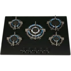 SIA GHG703BL 70cm Black 5 Burner Gas On Glass Hob With Cast Iron Pan Stands