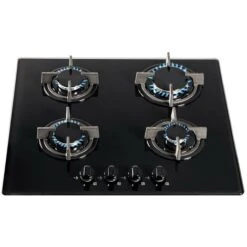 SIA GHG603BL 60cm Black 4 Burner Gas On Glass Hob With Cast Iron Pan Stands