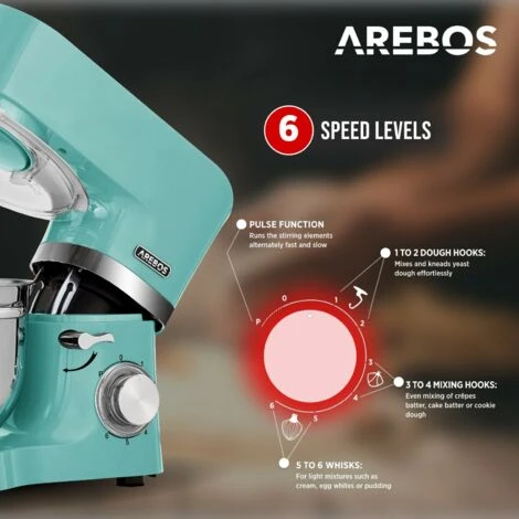 AREBOS Food Processor 1500 W Turquoise Kneading Machine With 2 X Stainless Steel Mixing Bowls 4.5 & 5.5 L Low Noise Kitchen Mixer With Mixing Hook, Dough Hook, Whisk And Splash Guard 6 Speeds 5 AREBOS Food Processor 1500 W Turquoise Kneading Machine With 2 X Stainless Steel Mixing Bowls 4.5 & 5.5 L Low Noise Kitchen Mixer With Mixing Hook, Dough Hook, Whisk And Splash Guard 6 Speeds - Image 3