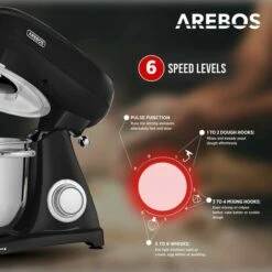 AREBOS Retro Food Processor 1800 W Black Kneading Machine With 6 L Stainless Steel Mixing Bowl Low Noise Kitchen Mixer With Stirring Hook, Dough Hook, Whisk And Splash Guard 6 Speeds 9 AREBOS Retro Food Processor 1800 W Black Kneading Machine With 6 L Stainless Steel Mixing Bowl Low Noise Kitchen Mixer With Stirring Hook, Dough Hook, Whisk And Splash Guard 6 Speeds -Smart Home Appliance Store 66438937 3
