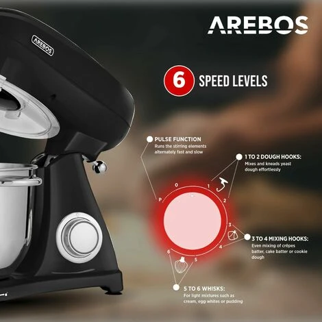 AREBOS Retro Food Processor 1800 W Black Kneading Machine With 6 L Stainless Steel Mixing Bowl Low Noise Kitchen Mixer With Stirring Hook, Dough Hook, Whisk And Splash Guard 6 Speeds 5 AREBOS Retro Food Processor 1800 W Black Kneading Machine With 6 L Stainless Steel Mixing Bowl Low Noise Kitchen Mixer With Stirring Hook, Dough Hook, Whisk And Splash Guard 6 Speeds - Image 3