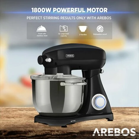 AREBOS Retro Food Processor 1800 W Black Kneading Machine With 6 L Stainless Steel Mixing Bowl Low Noise Kitchen Mixer With Stirring Hook, Dough Hook, Whisk And Splash Guard 6 Speeds 6 AREBOS Retro Food Processor 1800 W Black Kneading Machine With 6 L Stainless Steel Mixing Bowl Low Noise Kitchen Mixer With Stirring Hook, Dough Hook, Whisk And Splash Guard 6 Speeds - Image 4