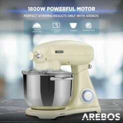 AREBOS Retro Food Processor 1800 W Cream Kneading Machine With 6L Stainless Steel Mixing Bowl Low Noise Kitchen Mixer With Mixing Hook, Dough Hook, Whisk And Splash Guard 6 Speeds -Smart Home Appliance Store 66438943 4