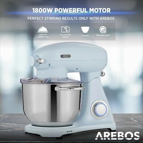 AREBOS Retro Food Processor 1800W Blue Mixer With 6L Stainless Steel Mixing Bowl Silent Kitchen Mixer With Mixing Hook, Dough Hook, Whisk And Splash Guard 6 Speeds 6 AREBOS Retro Food Processor 1800W Blue Mixer With 6L Stainless Steel Mixing Bowl Silent Kitchen Mixer With Mixing Hook, Dough Hook, Whisk And Splash Guard 6 Speeds - Image 4