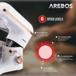 AREBOS Stand Mixer 1500W With 6L Stainless Steel Mixing Bowl White Rose Gold Incl. Mixing Hook, Dough Hook, Whisk Splash Guard 6 Speeds Kneading Machine Dough Machine -Smart Home Appliance Store 67421057 3