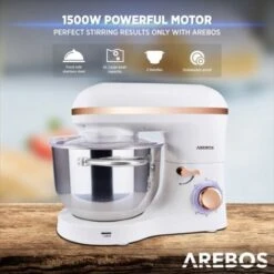 AREBOS Stand Mixer 1500W With 6L Stainless Steel Mixing Bowl White Rose Gold Incl. Mixing Hook, Dough Hook, Whisk Splash Guard 6 Speeds Kneading Machine Dough Machine -Smart Home Appliance Store 67421057 4