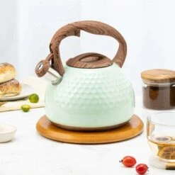 Kettle 2.8L Tea Kettle,With Wood Grain Handle Whistling Kettle, Kettle Induction Stainless Steel,Green White Blue Retro Universal Food Grade Tea Kettle For All Hotplates -Smart Home Appliance Store 71635331 5