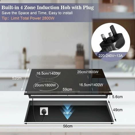 Plug In Induction Hob, Hobsir 4 Zones Electric Hob 60cm With Flexible Zone For Griddle Plate, Bulit-in, 2800W, Slider Touch, Timer, Child-safety Lock, Pause Function,13 Amp 4 Plug In Induction Hob, Hobsir 4 Zones Electric Hob 60cm With Flexible Zone For Griddle Plate, Bulit-in, 2800W, Slider Touch, Timer, Child-safety Lock, Pause Function,13 Amp - Image 2