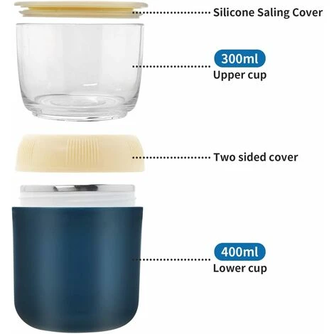 Cereal Bowl With Separate Container 400ml Cereal Bowl Yoghurt Coffee Mug Leak Proof Plastic Cup For Breakfast Picnic Travel (Blue) 4 Cereal Bowl With Separate Container 400ml Cereal Bowl Yoghurt Coffee Mug Leak Proof Plastic Cup For Breakfast Picnic Travel (Blue) - Image 2