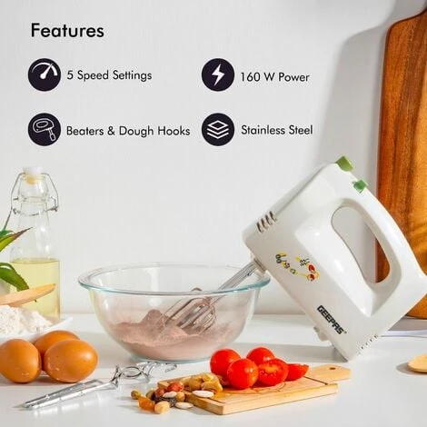 Hand Food Mixer 5 Speeds Electric 160W With Egg Beaters & Dough Hooks Geepas 4 Hand Food Mixer 5 Speeds Electric 160W With Egg Beaters & Dough Hooks Geepas - Image 2
