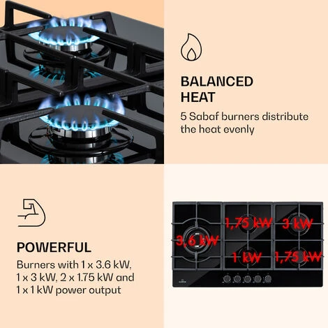 Klarstein Ignito Chef Edition 5 Zones Gas Hob 5 Burners Sabaf Burners Glass Ceramic 5 Klarstein Ignito Chef Edition 5 Zones Gas Hob 5 Burners Sabaf Burners Glass Ceramic - Image 3