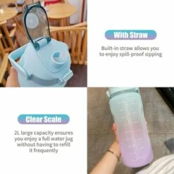 2L Water Bottle With Marker &amp Large Straw Water Bottle With Handle Leak Proof Reusable Water Pitcher For Hiking, Traveling, Outdoor Sports, Gym, Fitness, Pink -Smart Home Appliance Store 93453073 3