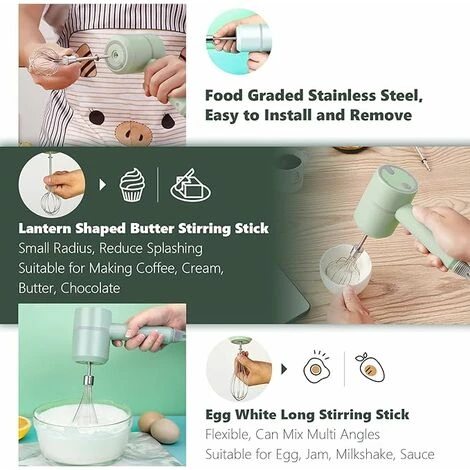 Portable Electric Hand Mixer, 3 Speed Cordless Egg Whisk, USB Rechargeable Kitchen Mixer, Cordless Mini Hand Mixer With 2 Stainless Steel Beaters For Egg Cake Cream 4 Portable Electric Hand Mixer, 3 Speed Cordless Egg Whisk, USB Rechargeable Kitchen Mixer, Cordless Mini Hand Mixer With 2 Stainless Steel Beaters For Egg Cake Cream - Image 2