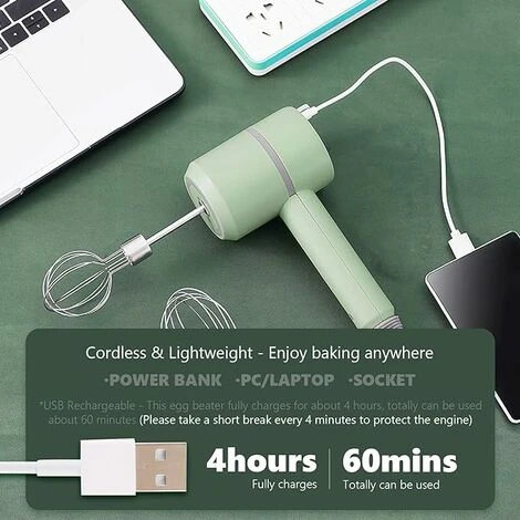 Portable Electric Hand Mixer, 3 Speed Cordless Egg Whisk, USB Rechargeable Kitchen Mixer, Cordless Mini Hand Mixer With 2 Stainless Steel Beaters For Egg Cake Cream 5 Portable Electric Hand Mixer, 3 Speed Cordless Egg Whisk, USB Rechargeable Kitchen Mixer, Cordless Mini Hand Mixer With 2 Stainless Steel Beaters For Egg Cake Cream - Image 3