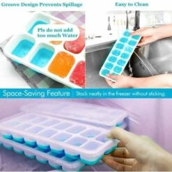 LITZEE Drinkware Accessories Ice Cube Tray 4 PCS Silicone Ice Cubes With Lid Ice Cube Tray 14 Compartments For Whiskey, Cocktail, Drinks, White+Blue -Smart Home Appliance Store 96306927 3